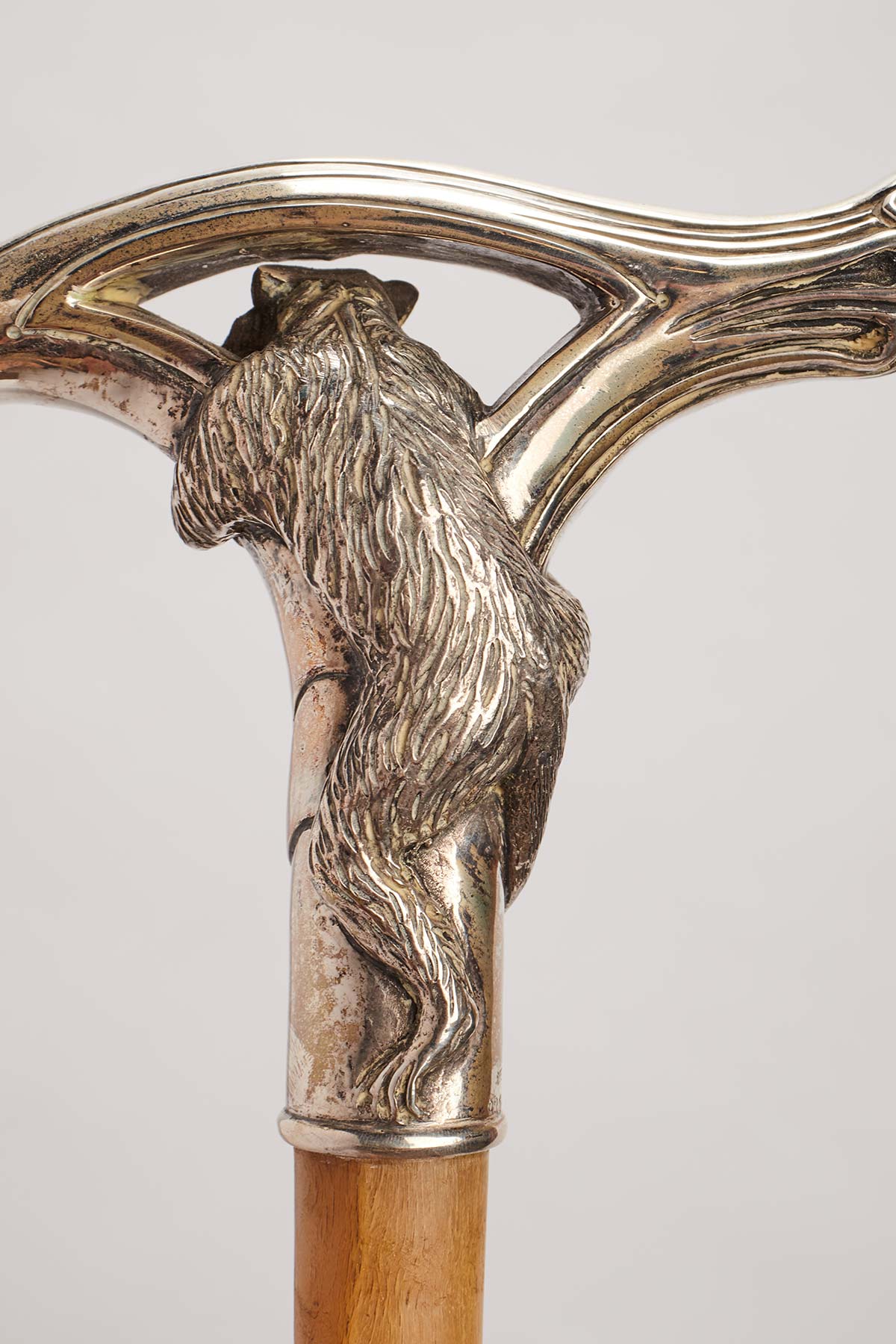 Bastone con pomolo in argento raffigurante testa di cavallo.